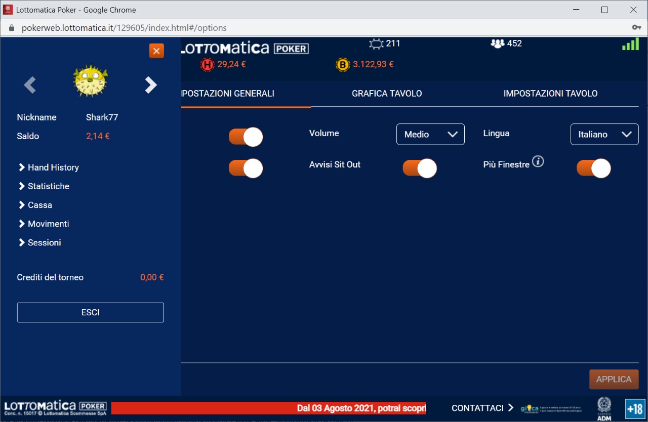 Schermata della lobby poker di Lottomatica su desktop